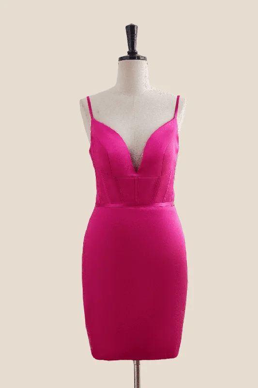 Mesh mini dress-V Neck Hot Pink Ruched Bodycon Short Dress