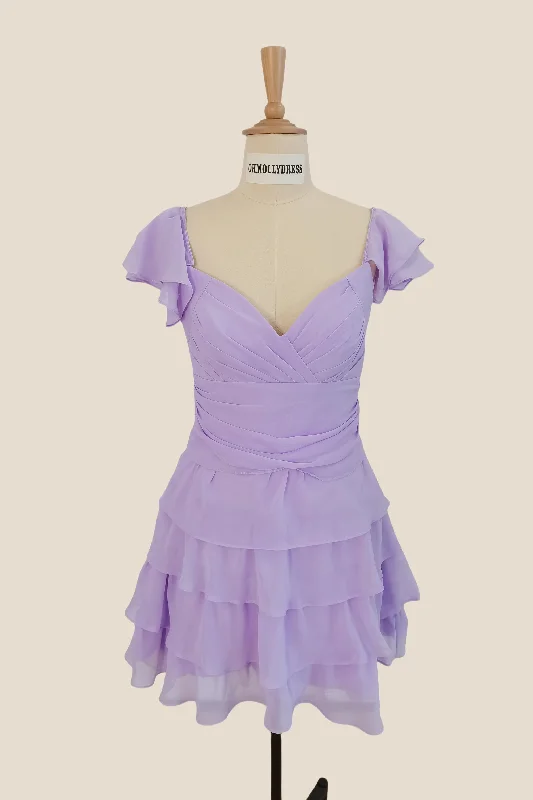 Skater mini dress-V Neck Lavender Layered Chiffon Short Dress