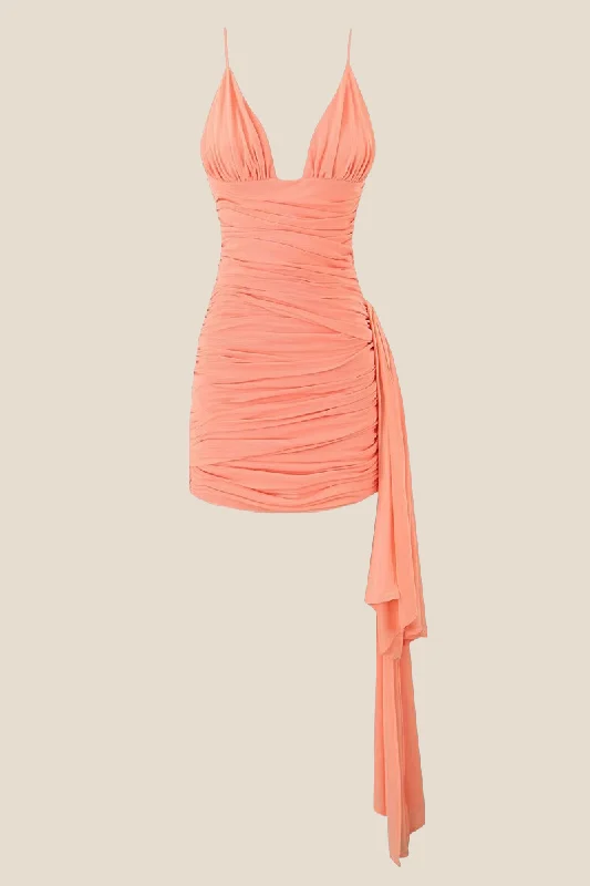 Empire waist mini dress-V-neck Orange Ruched Short Dress with Streamer