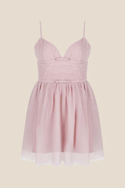 Embroidered mini dress-V-neck Pink Pleated A-line Short Tulle Dress