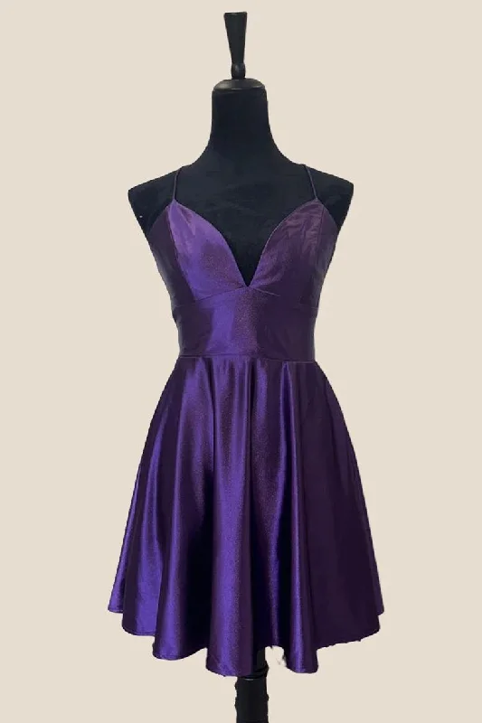 Sheer mini dress-V Neck Purple A-line Short Homecoming Dress