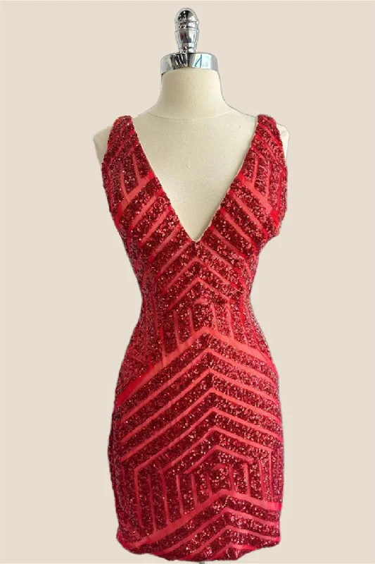 Kimono mini dress-V Neck Red Sequin Bodycon Short Dress