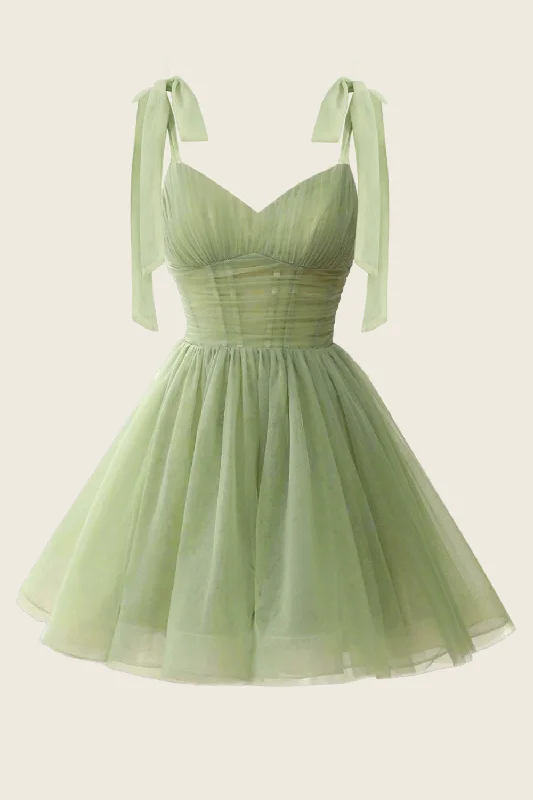 Wedding guest mini dress-V-neck Sage Green Pleated A-line Short Dress