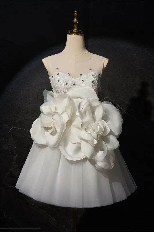 Wrap mini dress-White Tulle A-line Short Dress with 3D Flowers