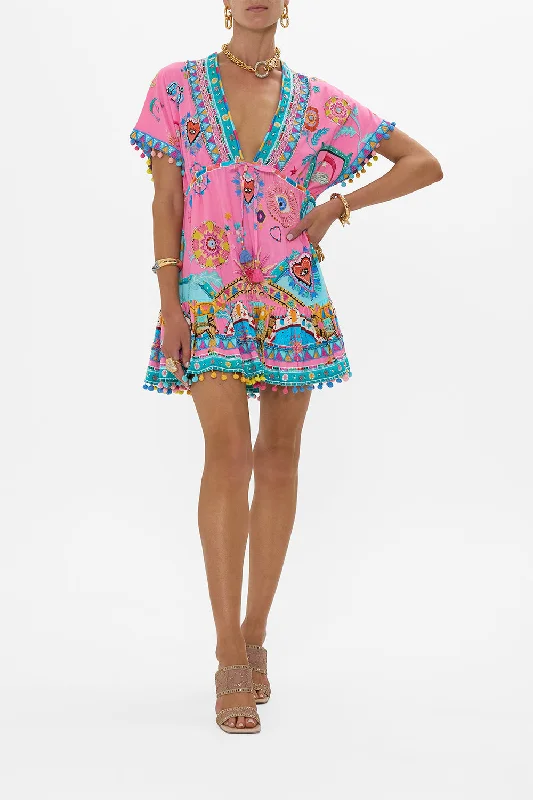 Kimono mini dress-SHORT V NECK EMBROIDERED DRESS RAINBOW ROADS