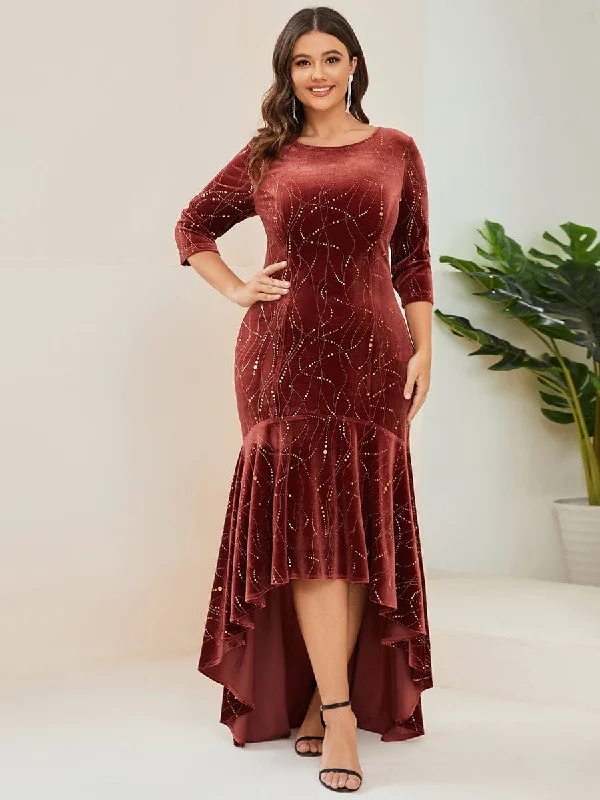 Evening cocktail dress with lace-Elegant Plus Size Bodycon High-Low Formal Velvet Party Dress