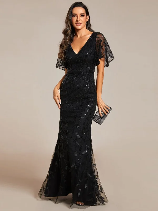 Embellished cocktail dress-Gorgeous V Neck Leaf-Sequined Fishtail Party Dress