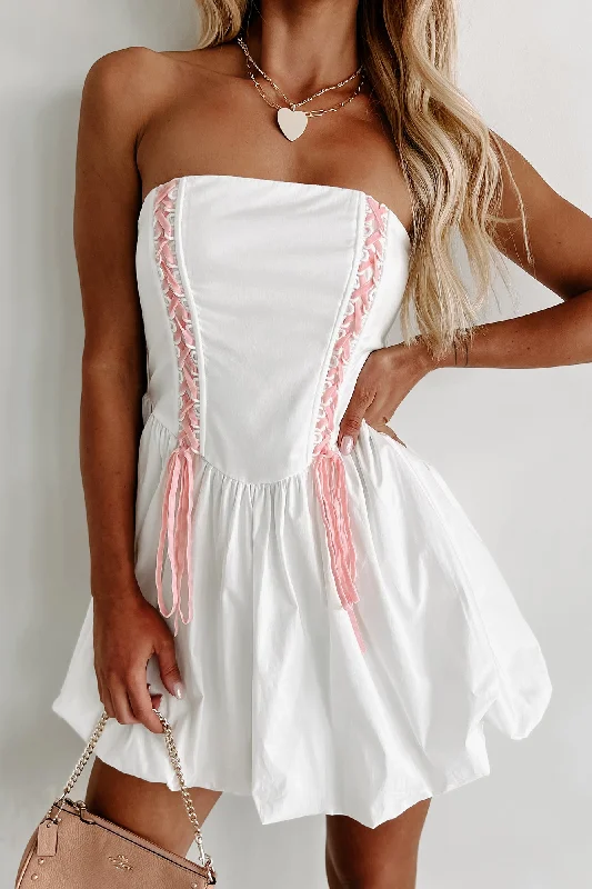 Black mini dress-Iconic Reputation Lace-Up Strapless Bubble Dress (Off White)