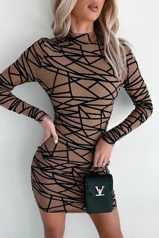 Velvet mini dress-It's My World Geometric Mesh Bodycon Dress (Mocha)