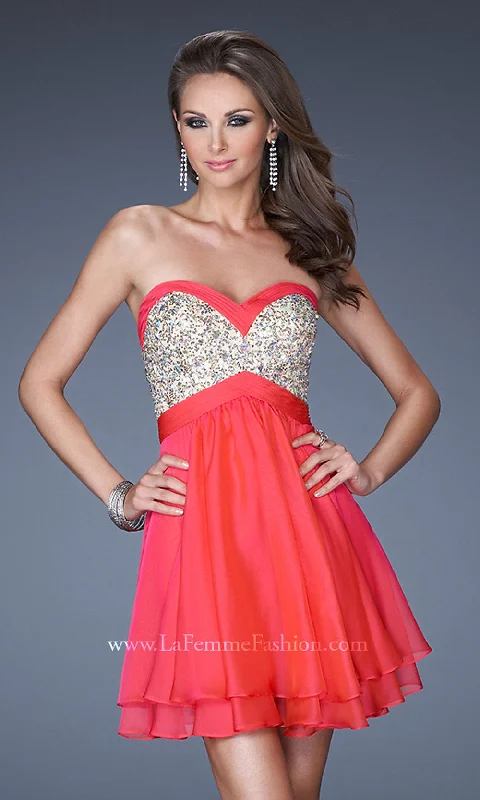 Cocktail dress with peplum-La Femme Beaded-Bodice Short Tiered Party Dress