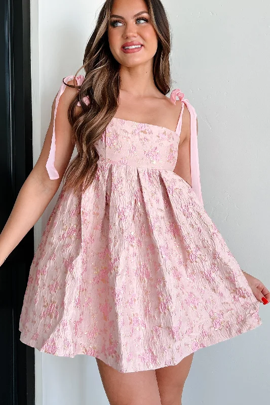 Street style mini dress-Lost In A Fairytale Tie-Strap Floral Babydoll Dress (Pink/Gold)