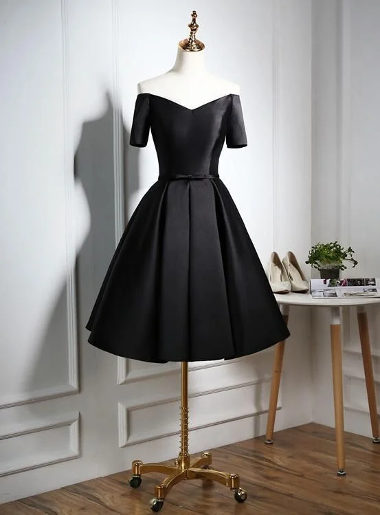 Keyhole back cocktail dress-Lovely Black Satin Homecoming Dress, Black Party Dress C666