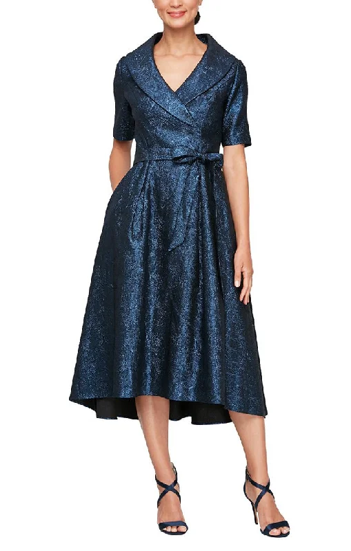 Floral print cocktail dress-Short Portrait Collar Stretch Jacquard Party Dress with Elbow Sleeves & Tie Waist