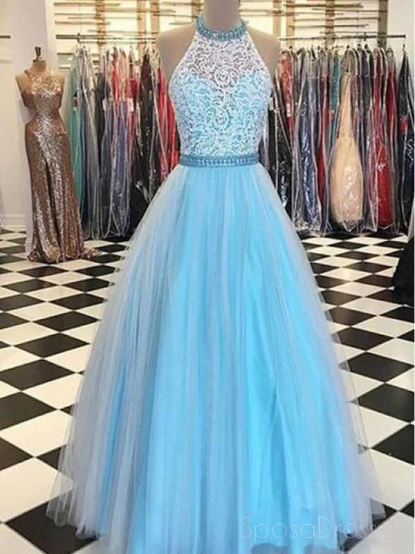 Elastic waist summer maxi dress-2018 Blue Lace Halter  A-line Long Evening Prom Dresses, 17644