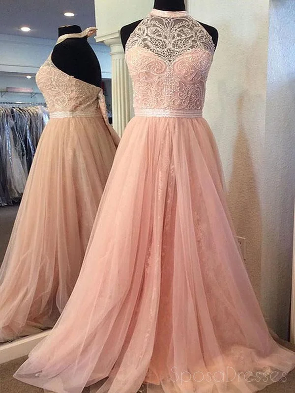 Layered ruffle casual maxi dress-2018 Blush Pink Halter Lace Beaded Long Custom Evening Prom Dresses, 17412