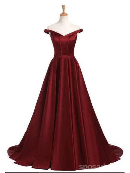 Bow detail formal maxi dress-2018 Fashion New Style Simple Off the Shoulder Maroon A line Long Evening Prom Dresses, 17351