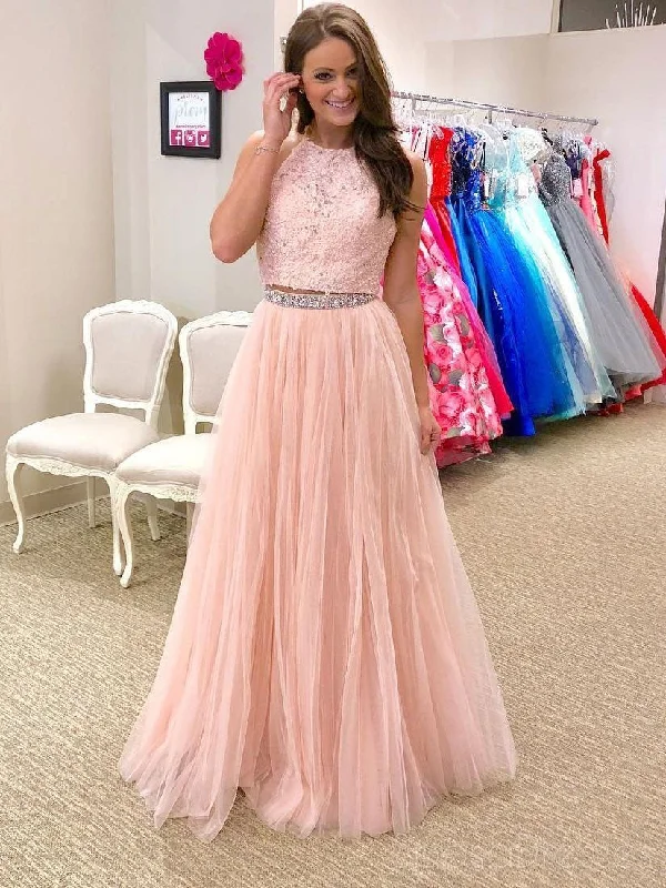 Boho chic maxi dress-2018 Fashion Two Pieces Halter Pale Pink Lace Long Evening Prom Dresses, 17355