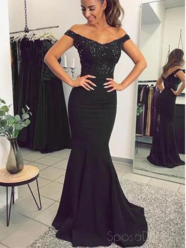 Boho chic maxi dress-2018 Off Shoulder Black Mermaid Long Evening Prom Dresses, 17456