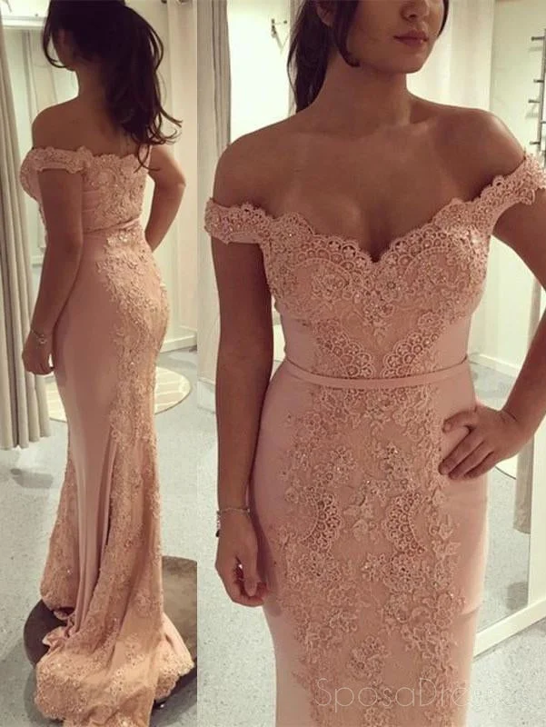 Sheer sleeve boho maxi dress-2018 Off Shoulder Blush Pink Lace Beaded Mermaid Long Custom Evening Prom Dresses, 17397