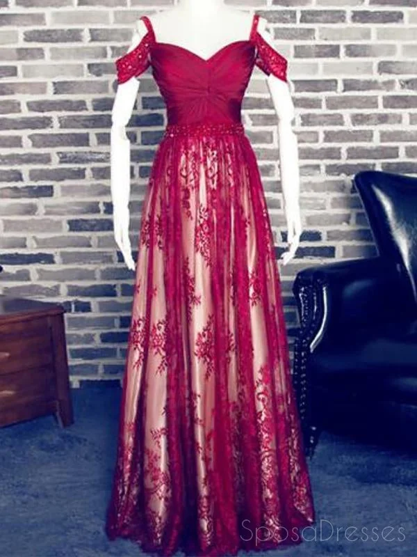 Sheer panel boho maxi dress-2018 Off Shoulder Dark Red Lace Cheap Long Evening Prom Dresses, 17502