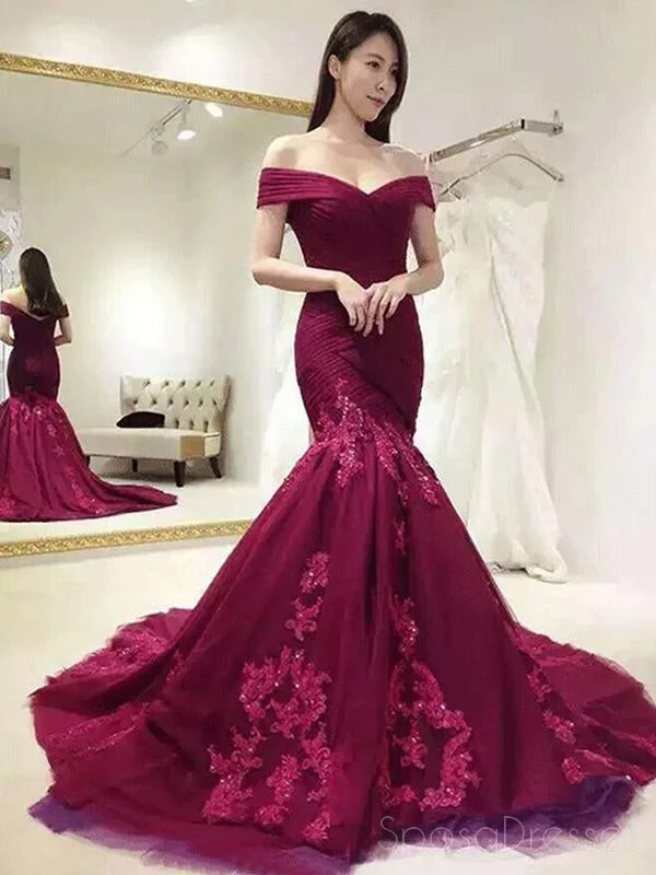 Black formal maxi dress-2018 Off Shoulder Red Lace Mermaid Long Evening Prom Dresses, 17667