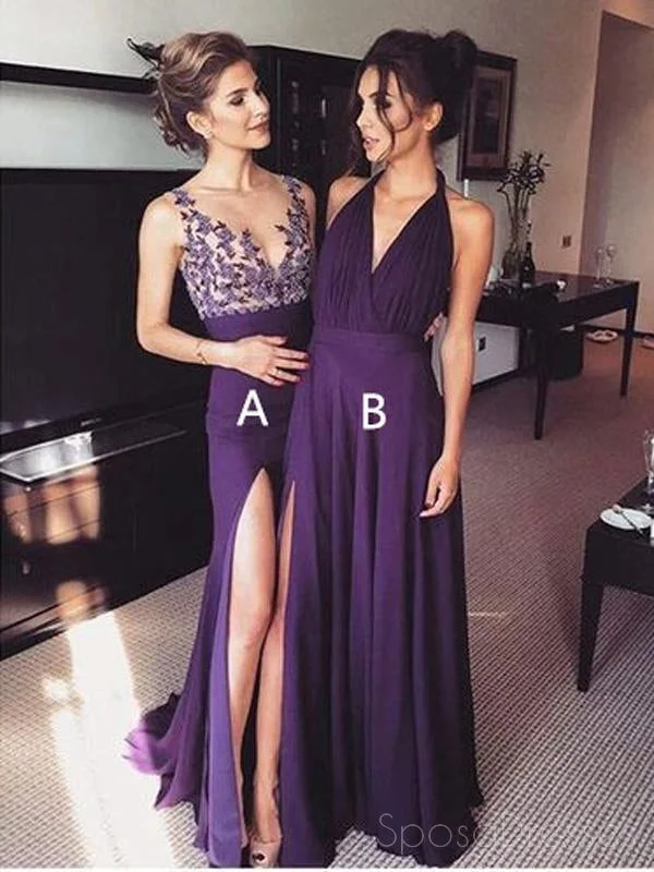 Adjustable strap summer maxi dress-2018 Purple Chiffon Side Slit Long Evening Prom Dresses, 17577