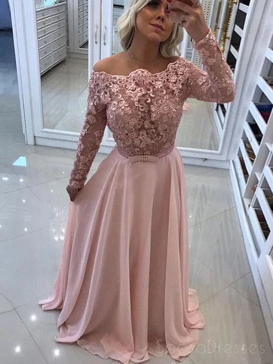 Ruffle trim maxi dress-Off Shoulder Backless Long Sleeve Blush Pink Evening Prom Dresses, 17401