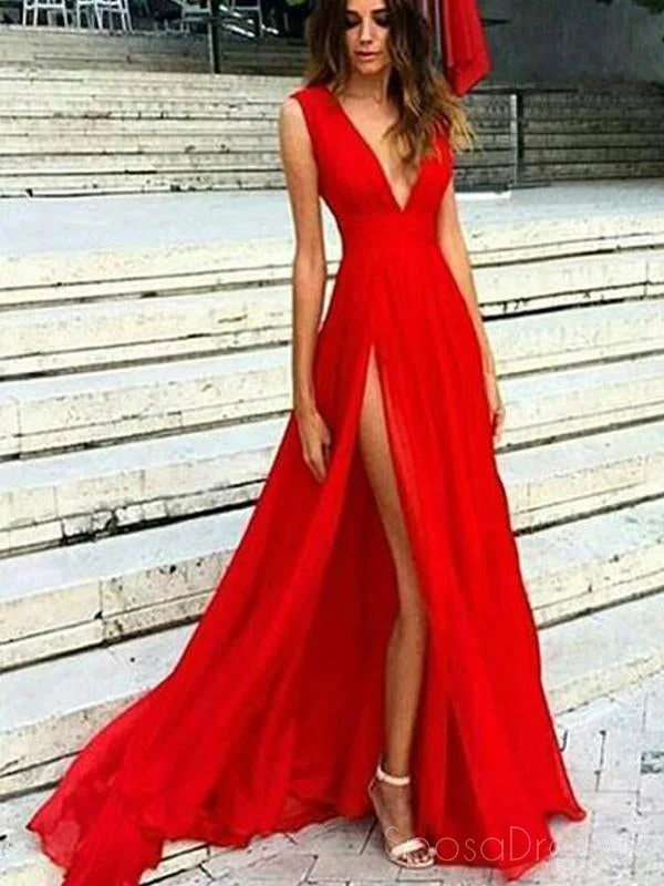 Bishop sleeve formal maxi dress-Sexy Side Slit Low V Neck A line Long Evening Prom Dresses, 17459