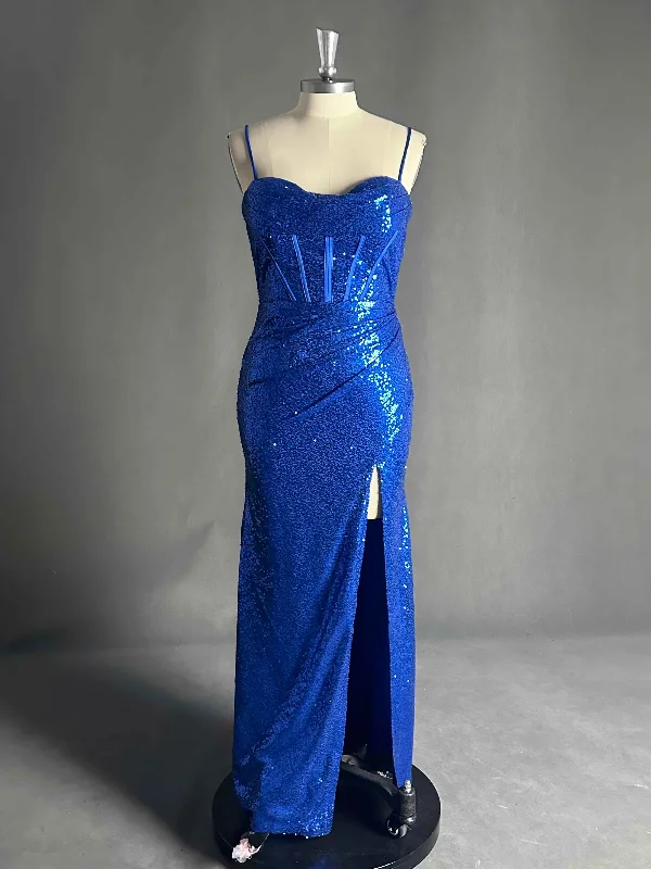 Geometric pattern chic maxi dress-Amari Stunning Cowl Slit Sequin Prom Dresses