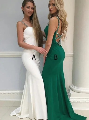 Ruched side beach maxi dress-Backless Beaded Straps Emerald Green Mermaid Long Evening Prom Dresses, 17609