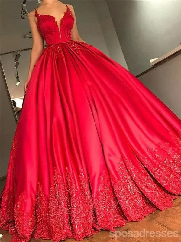 Floral embroidery elegant maxi dress-Backless Spaghetti Straps V Neck Red A-line Long Evening Prom Dresses, 17639