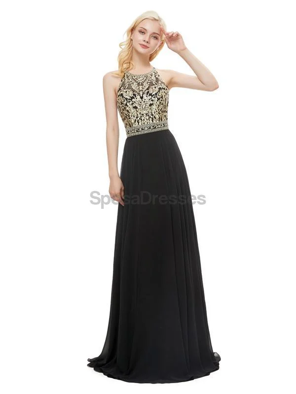 Ruched side beach maxi dress-Black Chiffon Gold Lace Beaded Evening Prom Dresses, Evening Party Prom Dresses, 12053