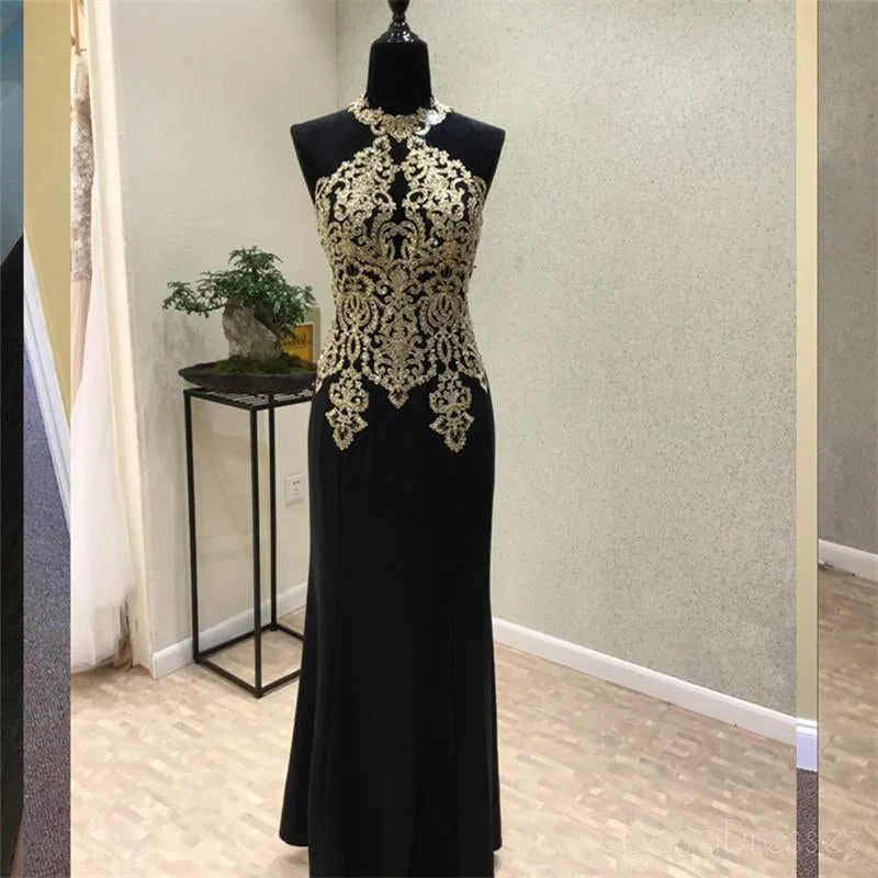 Velvet texture maxi dress-Black Halter Mermaid Gold Lace Beaded Evening Prom Dresses, Popular Black Party Prom Dresses, Custom Long Prom Dresses, Cheap Formal Prom Dresses, 17173