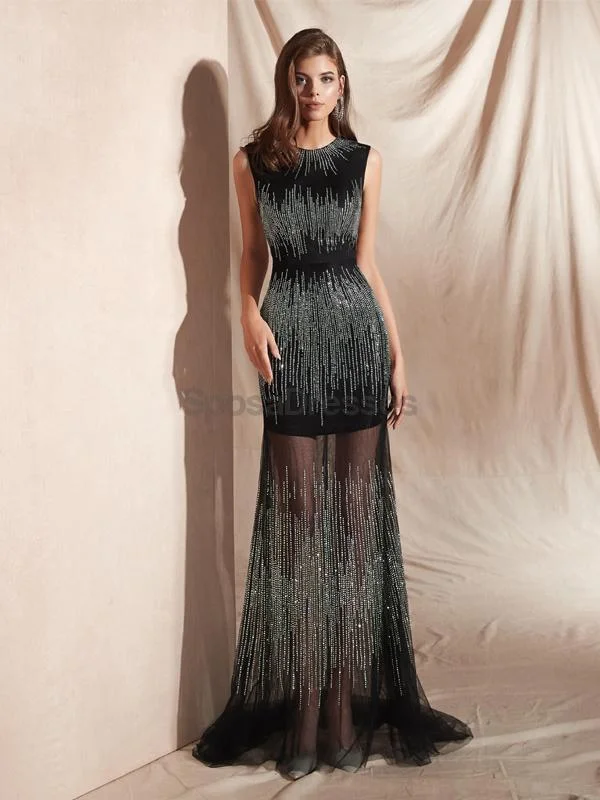 Colorblock maxi dress design-Black Jewel See Through Mermaid Evening Prom Dresses, Evening Party Prom Dresses, 12074