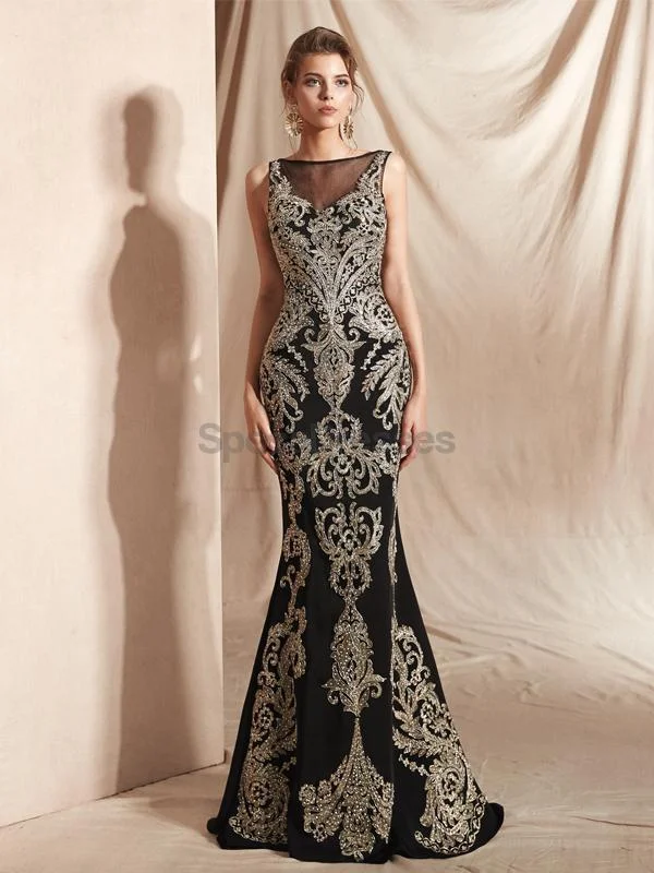 Dolman sleeve formal maxi dress-Black Lace Beaded Scoop Mermaid Evening Prom Dresses, Evening Party Prom Dresses, 12070