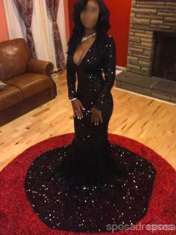 Art deco design casual maxi dress-Black Sequin Long Evening Prom Dress, Black 2017 Prom Dress, Long sleeve Evening Dress, Sparkly Prom Dress, Simple Prom Dress, 17019