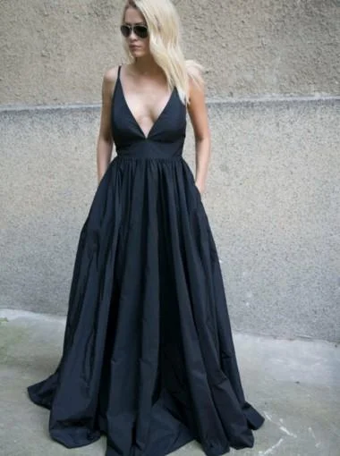 Smocked bodice boho maxi dress-Black Sexy Backless Deep V Neck A-line Long Evening Prom Dresses, 17597