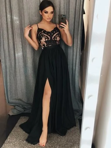 Gathered waist summer maxi dress-Black Side Slit Spaghetti Straps Lace Evening Prom Dresses, Cheap Sweet 16 Dresses, 18312