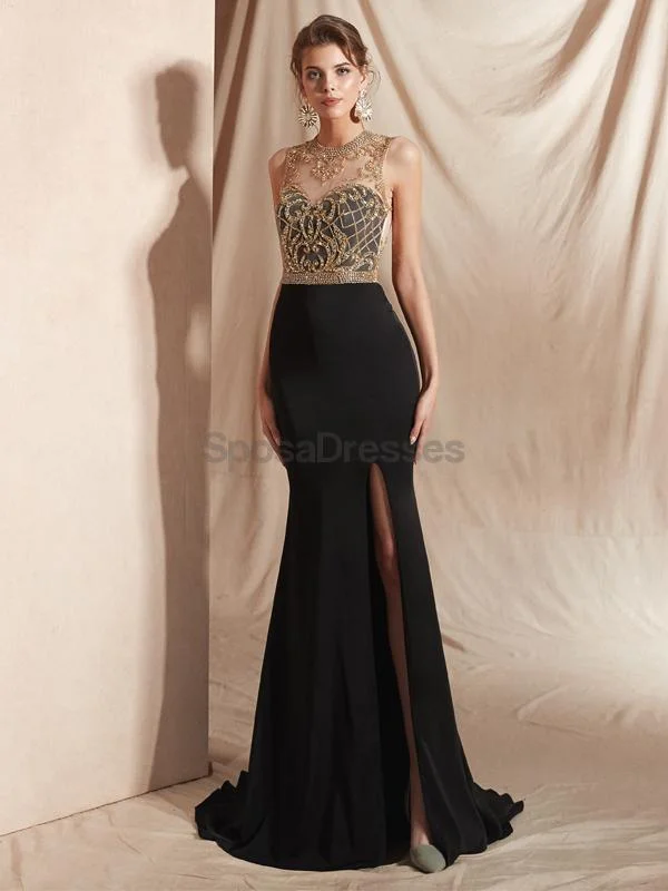 Elegant evening maxi dress-Black Skirt Gold Beaded Side Slit Sexy Mermaid Evening Prom Dresses, Evening Party Prom Dresses, 12069