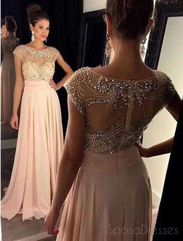 Statement sleeve beach maxi dress-Blush Pink Cap Sleeve Beaded Long Evening Prom Dresses, Sexy See Through Party Prom Dress, Custom Long Prom Dresses, Cheap Formal Prom Dresses, 17043