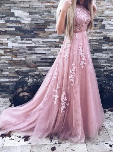 Halter neck summer maxi dress-Blush Pink Lace Beaded A-line Long Evening Prom Dresses, 17631