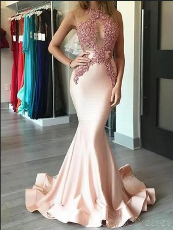 Voluminous skirt formal maxi dress-Blush Pink Mermaid Lace Applique Long Evening Prom Dresses, 17472