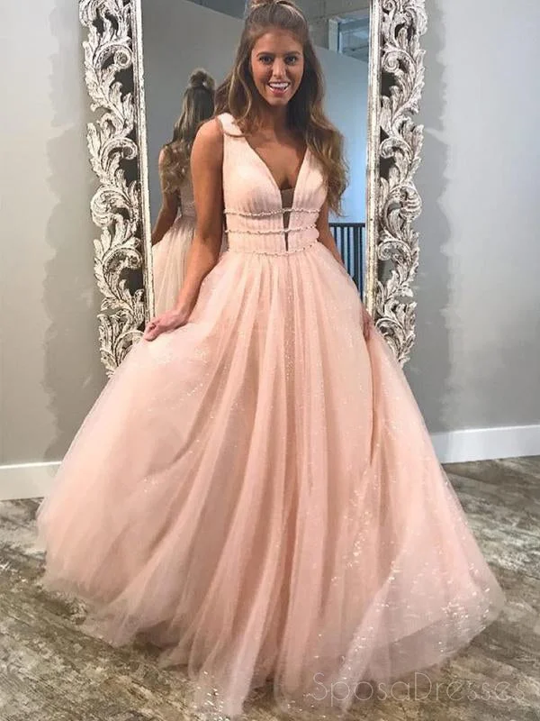 Boho print summer maxi dress-Blush Pink V Neck Straps A-line Sparkly Tulle Long Evening Prom Dresses, 17562