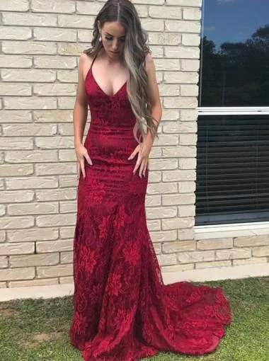 Fringe detail maxi dress-Burgundy Lace Mermaid Long Evening Prom Dresses, Cheap Sweet 16 Dresses, 18313