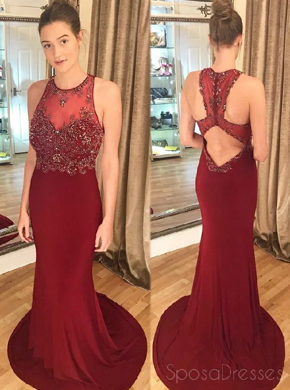 Cotton fabric casual maxi dress-Burgundy Open Back Mermaid Cheap Long Evening Prom Dresses, Cheap Sweet 16 Dresses, 18331