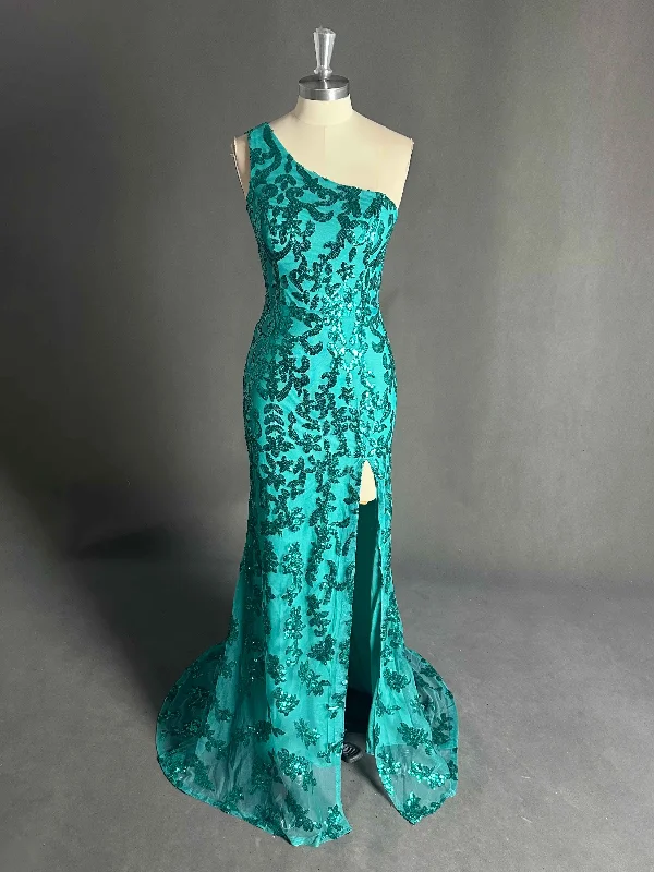 Intricate beading elegant maxi dress-Cali Stunning One Shoulder Slit Sequin Long Prom Dresses