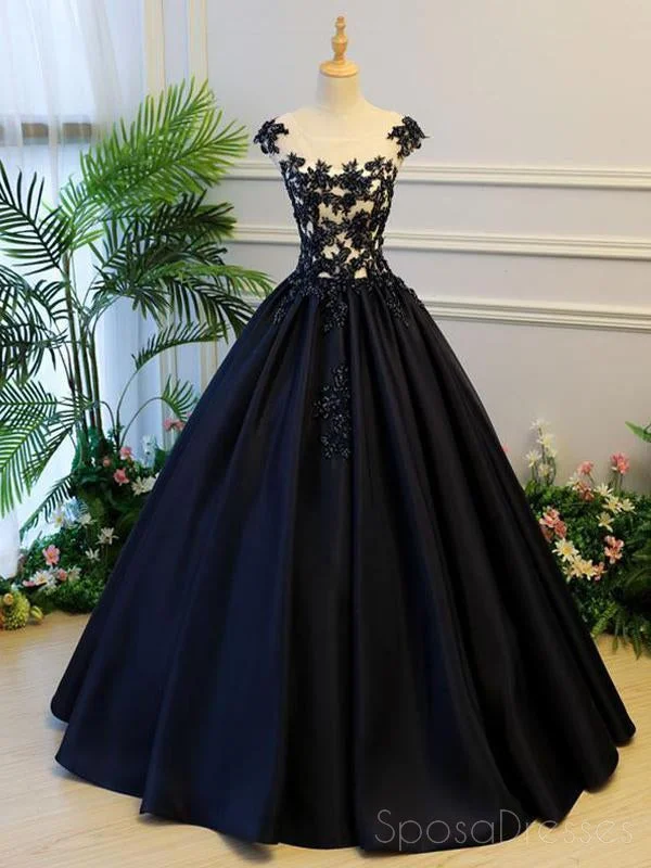 Flowy skirt beach maxi dress-Cap Sleeve Black Lace A line Simple Long Evening Prom Dresses, Long Party Prom Dresses, 17327