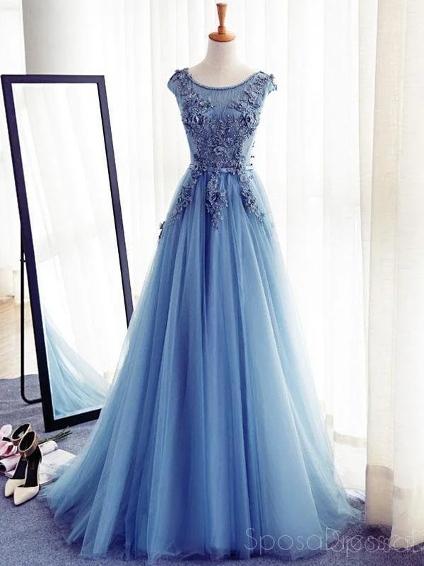 Cutout design casual maxi dress-Cap Sleeve Blue Lace Beaded Evening A Line Prom Dresses, Long Sexy Party Prom Dress, Custom Long Prom Dresses, Cheap Formal Prom Dresses, 17133