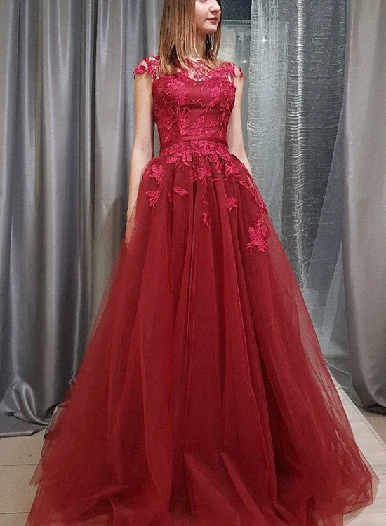 Empire waist elegant maxi dress-Cap Sleeve Lace Illusion Red Tulle A-line Long Evening Prom Dresses, 17641