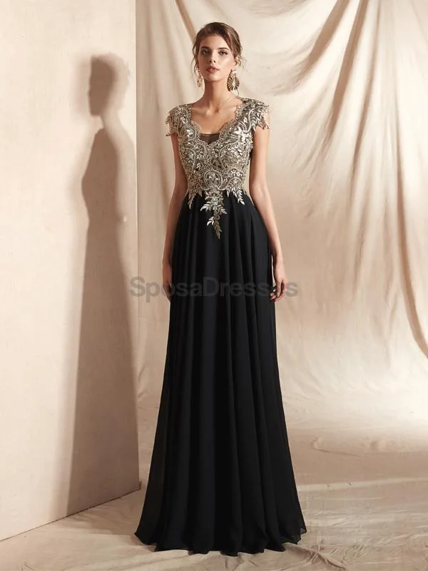 Floral embroidery elegant maxi dress-Cap Sleeves Applique Chiffon Evening Prom Dresses, Evening Party Prom Dresses, 12068